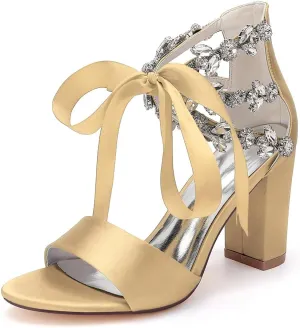 Women's Block Heel Wedding Sandals Rhinestones Open Toe Chunky Ribbon Bridal Shoes Prom Eveing Party Shoes