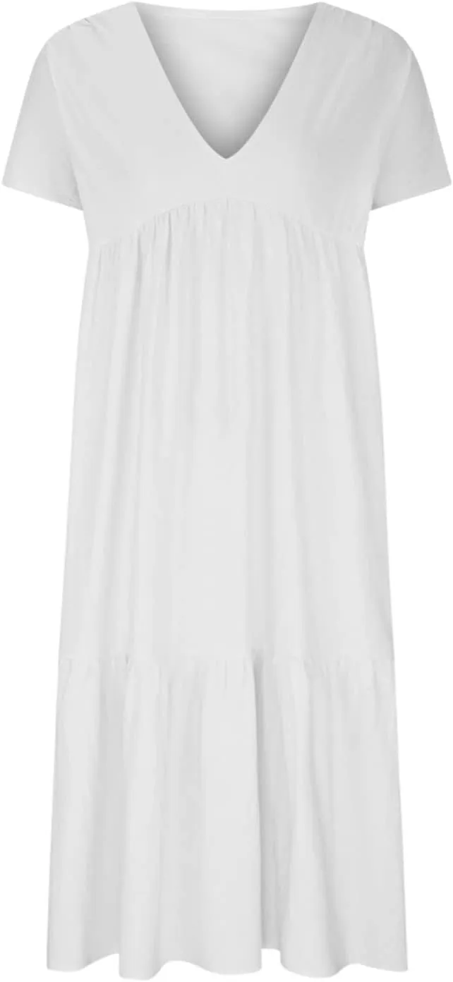Womens Casual Loose Dresses Summer Lightweight Short Sleeve Tiered Flowy Long Dress V-Neck Ruched Maxi Sundress