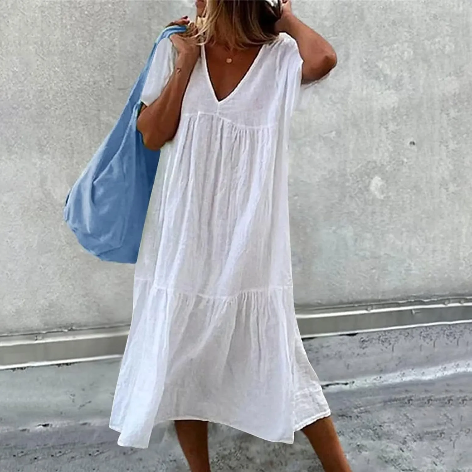 Womens Casual Loose Dresses Summer Lightweight Short Sleeve Tiered Flowy Long Dress V-Neck Ruched Maxi Sundress