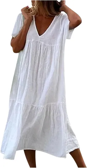 Womens Casual Loose Dresses Summer Lightweight Short Sleeve Tiered Flowy Long Dress V-Neck Ruched Maxi Sundress