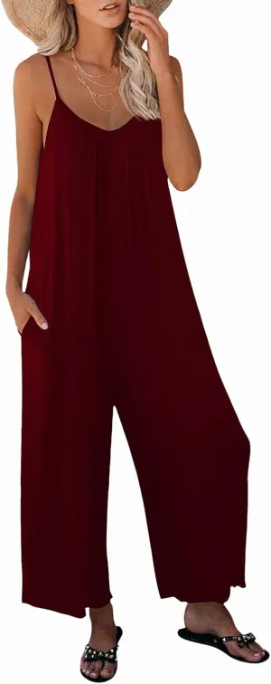 Womens Casual Sleeveless Strap Loose Adjustable Jumpsuits Stretchy Long Pants Romper with Pockets