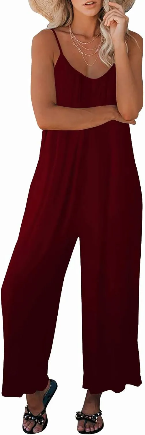 Womens Casual Sleeveless Strap Loose Adjustable Jumpsuits Stretchy Long Pants Romper with Pockets