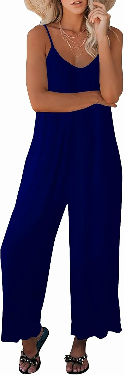 Womens Casual Sleeveless Strap Loose Adjustable Jumpsuits Stretchy Long Pants Romper with Pockets