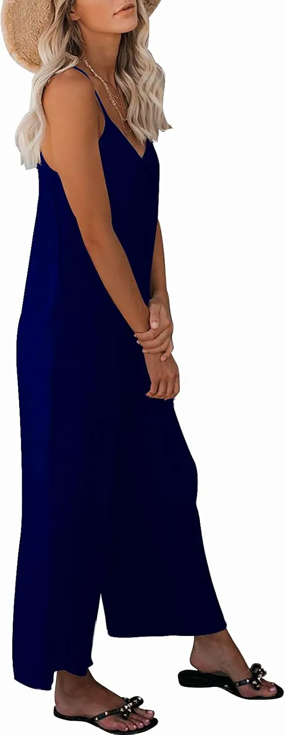 Womens Casual Sleeveless Strap Loose Adjustable Jumpsuits Stretchy Long Pants Romper with Pockets