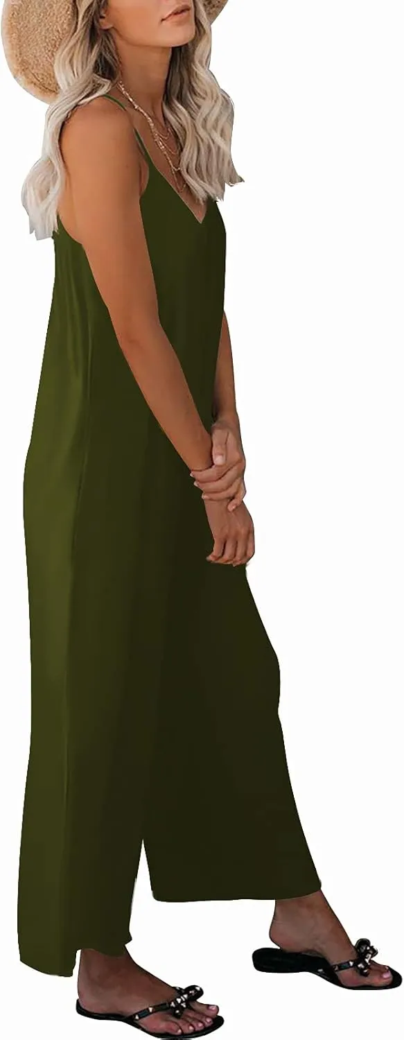 Womens Casual Sleeveless Strap Loose Adjustable Jumpsuits Stretchy Long Pants Romper with Pockets