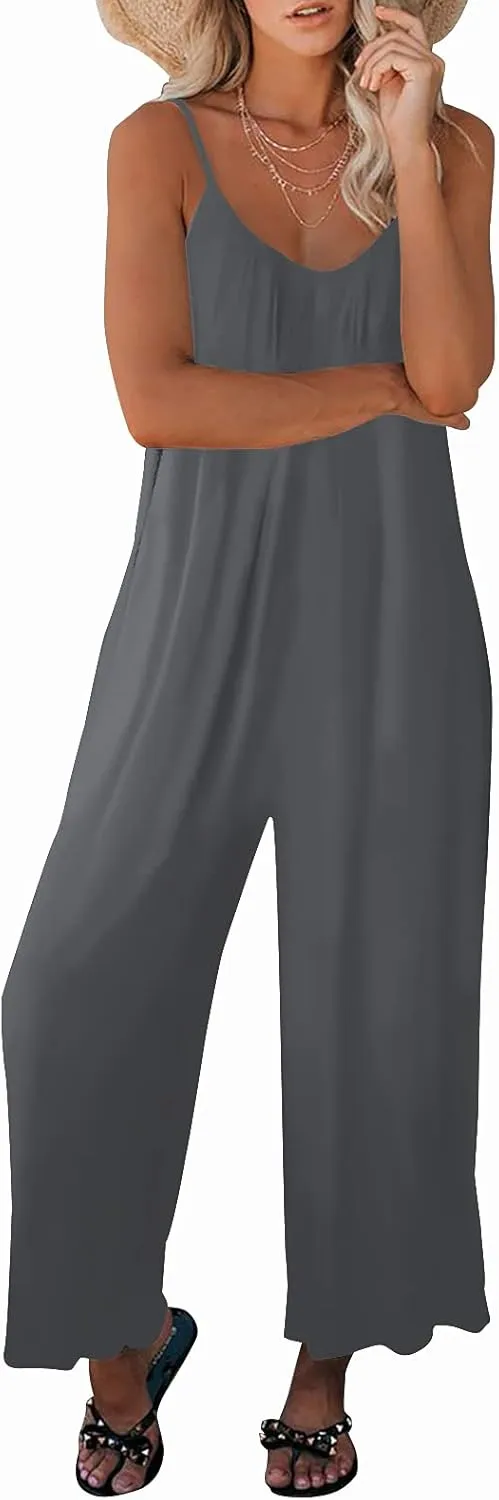 Womens Casual Sleeveless Strap Loose Adjustable Jumpsuits Stretchy Long Pants Romper with Pockets