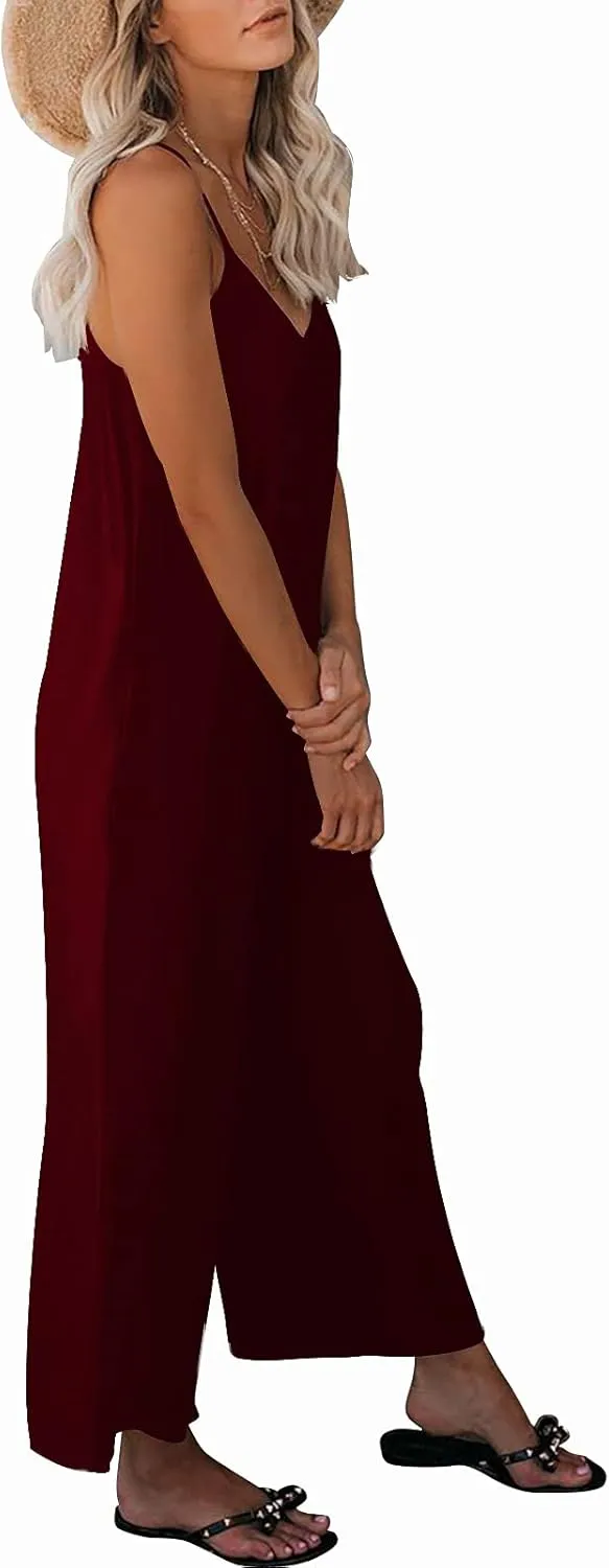 Womens Casual Sleeveless Strap Loose Adjustable Jumpsuits Stretchy Long Pants Romper with Pockets