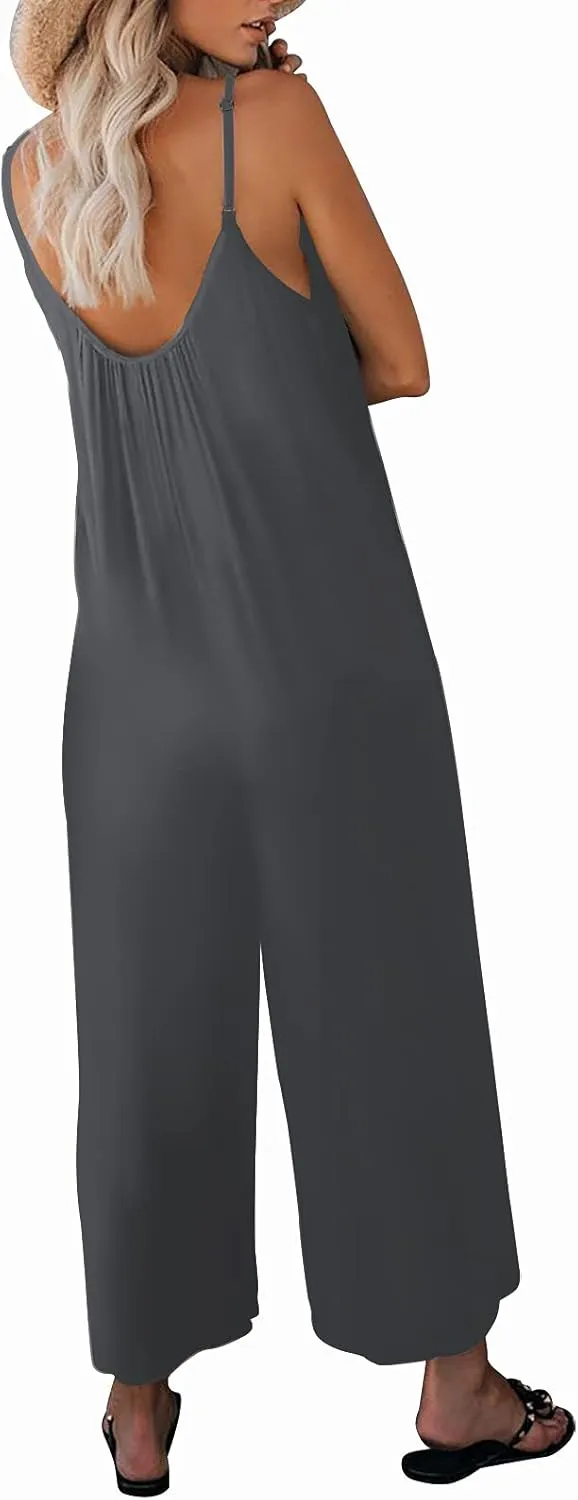 Womens Casual Sleeveless Strap Loose Adjustable Jumpsuits Stretchy Long Pants Romper with Pockets
