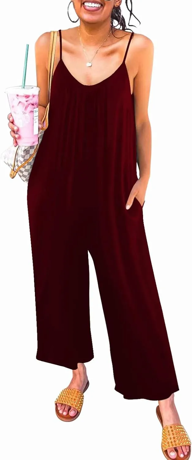 Womens Casual Sleeveless Strap Loose Adjustable Jumpsuits Stretchy Long Pants Romper with Pockets