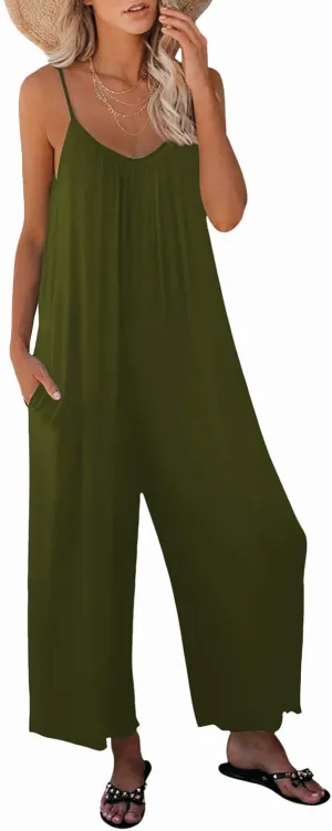 Womens Casual Sleeveless Strap Loose Adjustable Jumpsuits Stretchy Long Pants Romper with Pockets