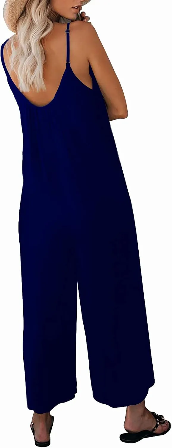 Womens Casual Sleeveless Strap Loose Adjustable Jumpsuits Stretchy Long Pants Romper with Pockets