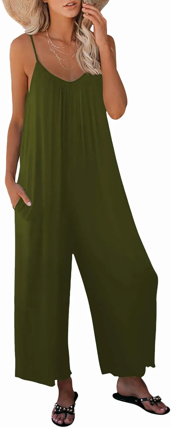 Womens Casual Sleeveless Strap Loose Adjustable Jumpsuits Stretchy Long Pants Romper with Pockets