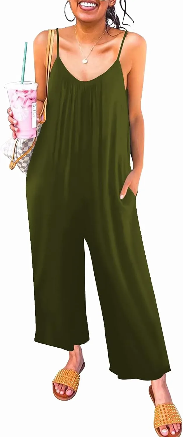 Womens Casual Sleeveless Strap Loose Adjustable Jumpsuits Stretchy Long Pants Romper with Pockets