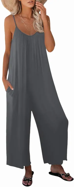 Womens Casual Sleeveless Strap Loose Adjustable Jumpsuits Stretchy Long Pants Romper with Pockets