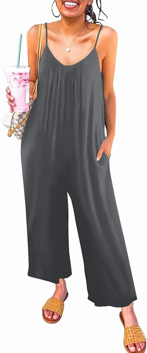Womens Casual Sleeveless Strap Loose Adjustable Jumpsuits Stretchy Long Pants Romper with Pockets