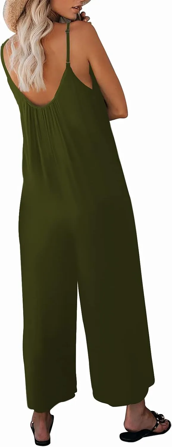 Womens Casual Sleeveless Strap Loose Adjustable Jumpsuits Stretchy Long Pants Romper with Pockets