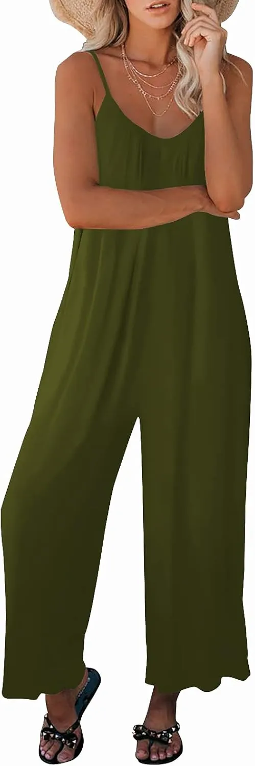 Womens Casual Sleeveless Strap Loose Adjustable Jumpsuits Stretchy Long Pants Romper with Pockets