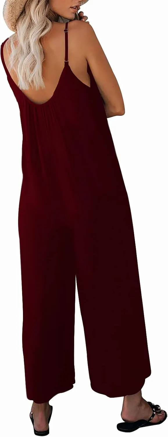 Womens Casual Sleeveless Strap Loose Adjustable Jumpsuits Stretchy Long Pants Romper with Pockets