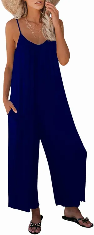 Womens Casual Sleeveless Strap Loose Adjustable Jumpsuits Stretchy Long Pants Romper with Pockets