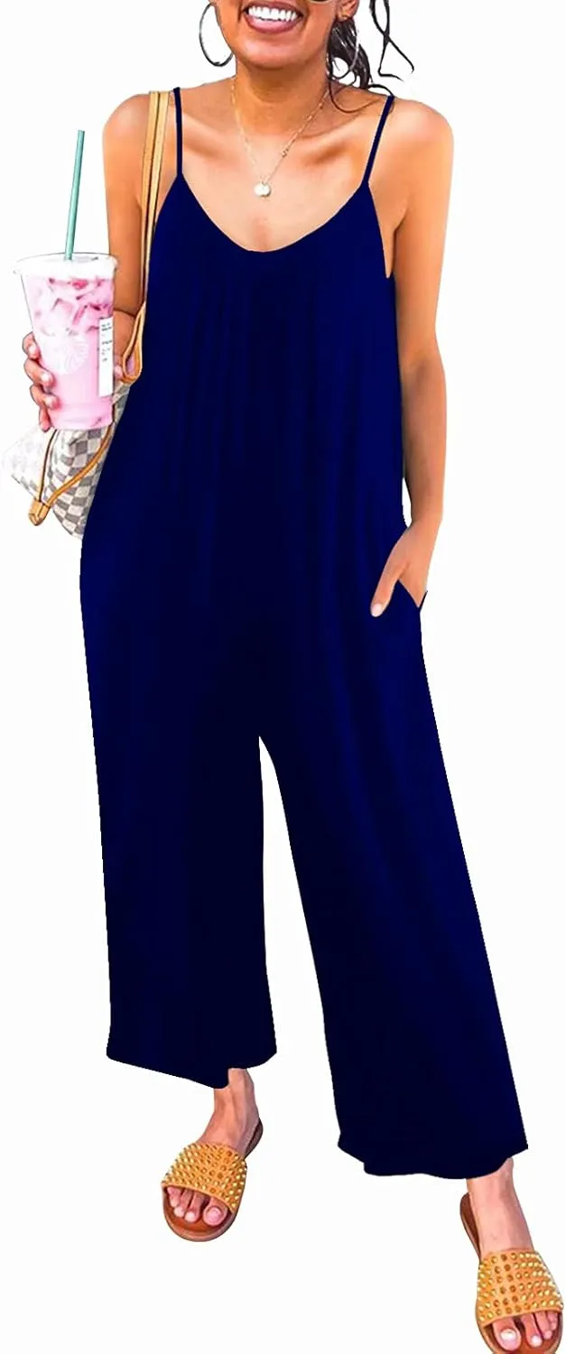 Womens Casual Sleeveless Strap Loose Adjustable Jumpsuits Stretchy Long Pants Romper with Pockets