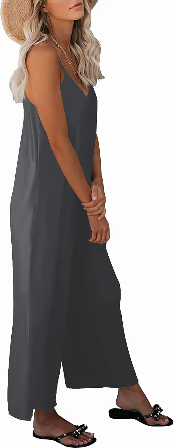 Womens Casual Sleeveless Strap Loose Adjustable Jumpsuits Stretchy Long Pants Romper with Pockets