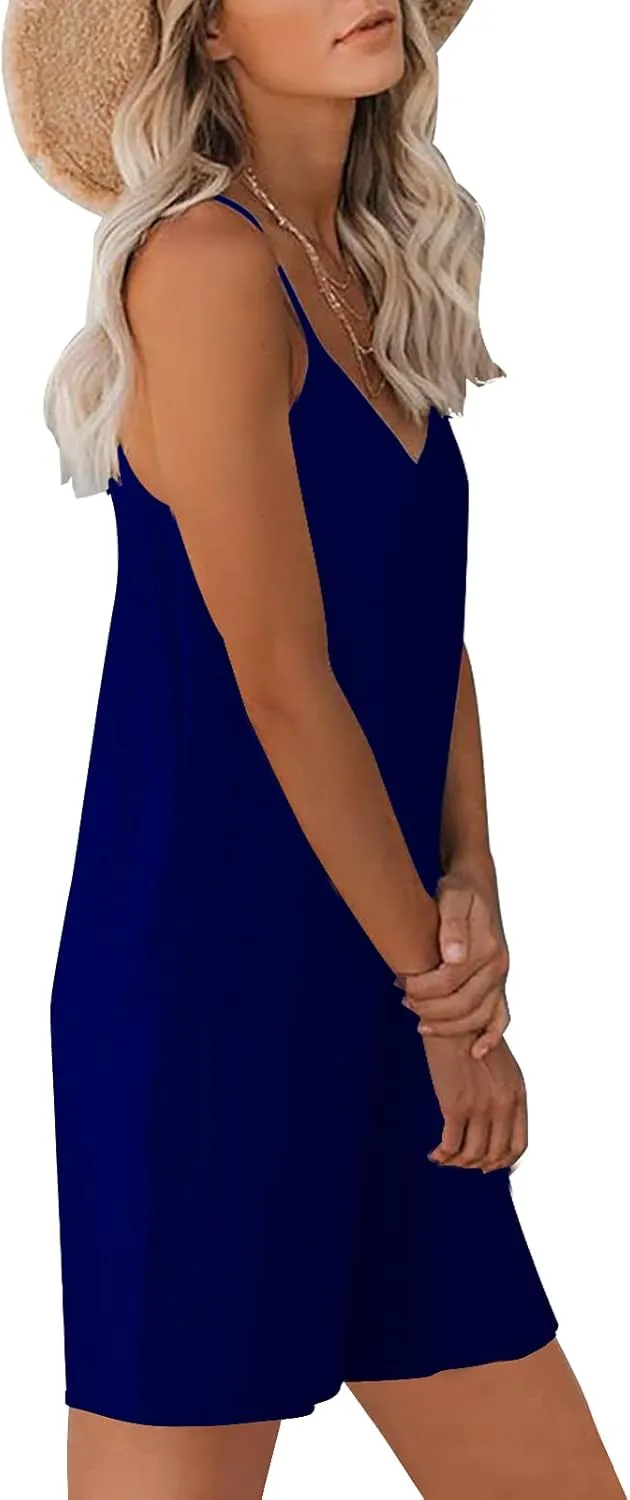 Womens Casual Sleeveless Strap Loose Adjustable Jumpsuits Stretchy Shorts Romper with Pockets