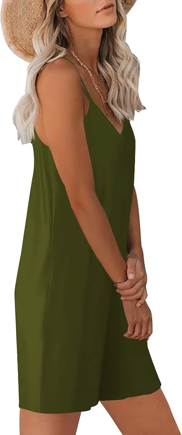 Womens Casual Sleeveless Strap Loose Adjustable Jumpsuits Stretchy Shorts Romper with Pockets