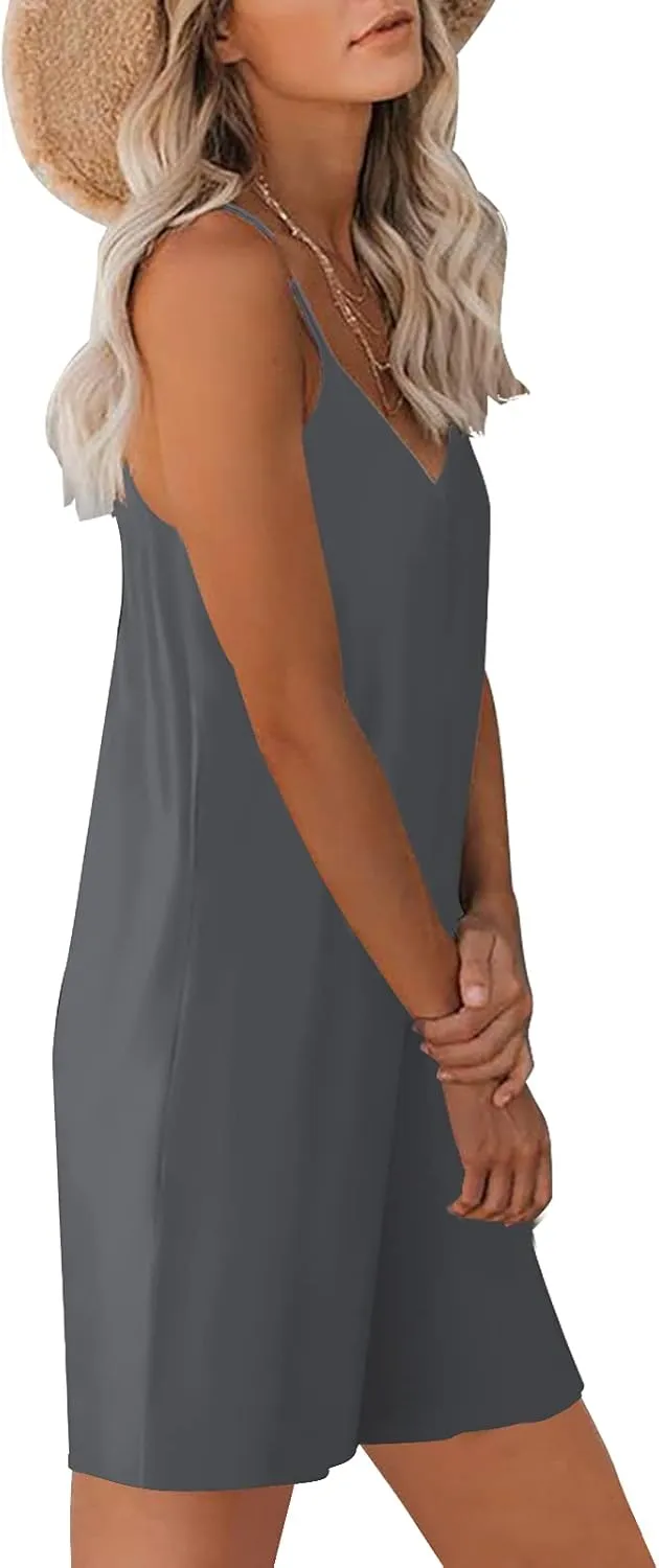 Womens Casual Sleeveless Strap Loose Adjustable Jumpsuits Stretchy Shorts Romper with Pockets