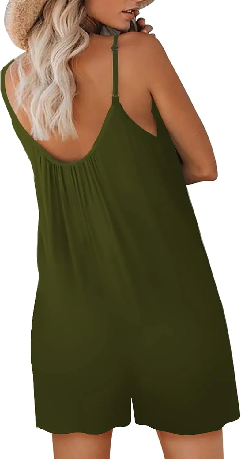 Womens Casual Sleeveless Strap Loose Adjustable Jumpsuits Stretchy Shorts Romper with Pockets
