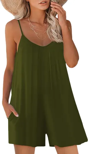 Womens Casual Sleeveless Strap Loose Adjustable Jumpsuits Stretchy Shorts Romper with Pockets