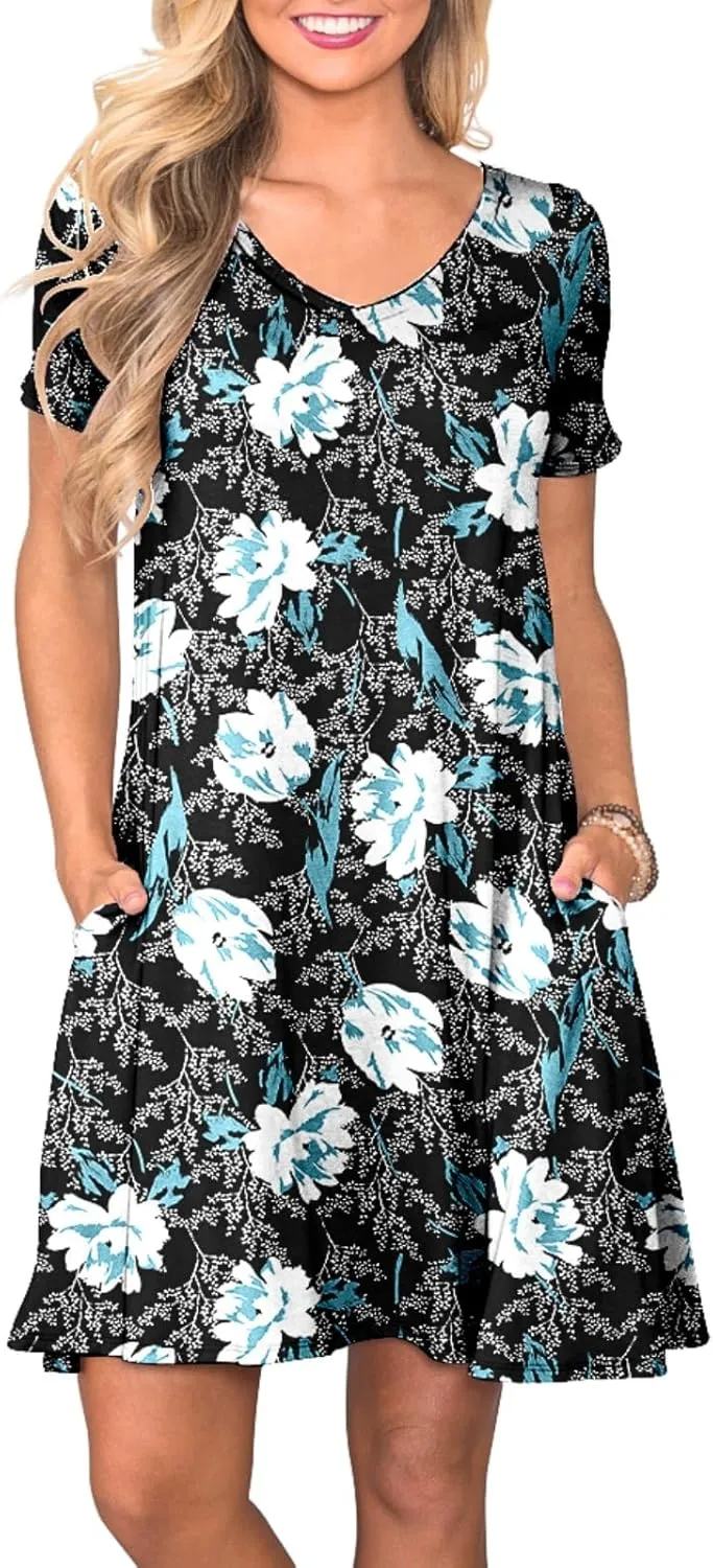 Women's Casual T Shirt Dress Summer Short Sleeve Swing Dresses with Pockets