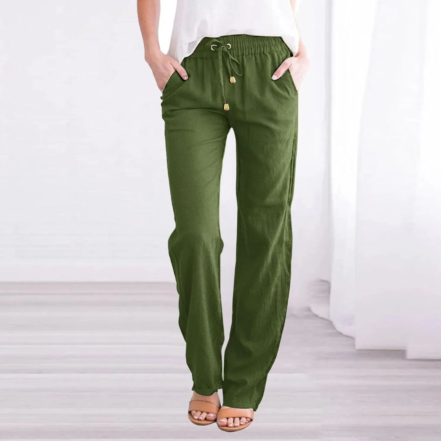 Women's Cotton Linen Summer Palazzo Pants Flowy Wide Leg Beach Trousers with Pockets Spring Outfits 2025