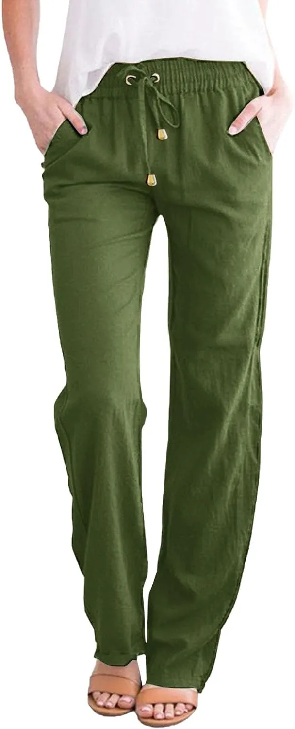 Women's Cotton Linen Summer Palazzo Pants Flowy Wide Leg Beach Trousers with Pockets Spring Outfits 2025