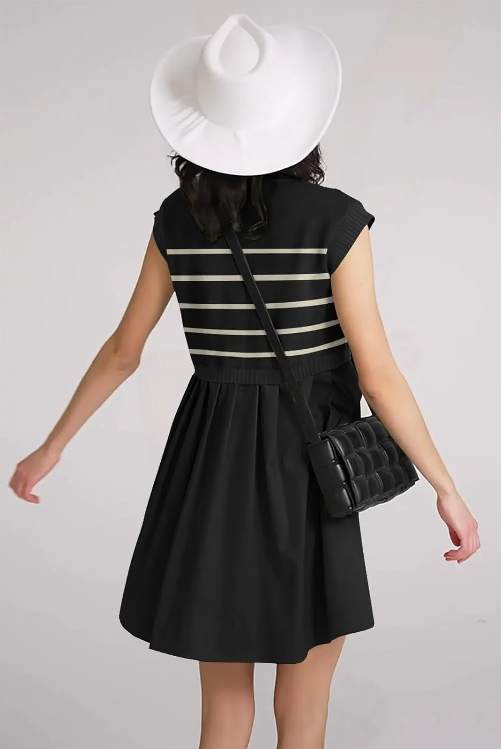 Womens Dresses Striped Knit Top Pleated Loose Swing Mini Short Sleeve Dress 2024 Trendy