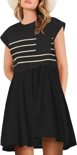 Womens Dresses Striped Knit Top Pleated Loose Swing Mini Short Sleeve Dress 2024 Trendy