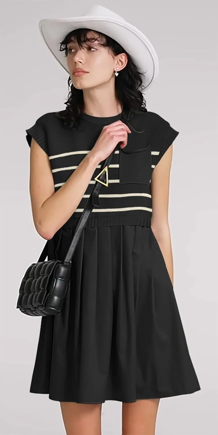 Womens Dresses Striped Knit Top Pleated Loose Swing Mini Short Sleeve Dress 2024 Trendy
