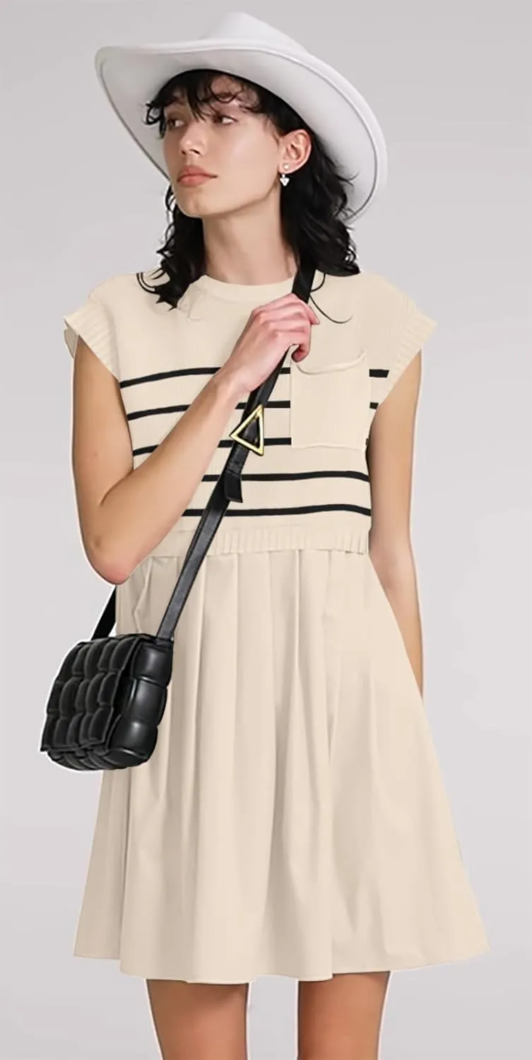 Womens Dresses Striped Knit Top Pleated Loose Swing Mini Short Sleeve Dress 2024 Trendy