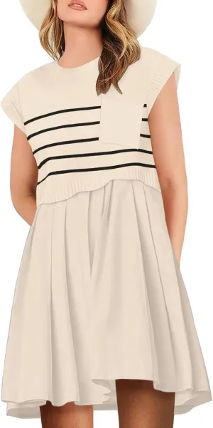 Womens Dresses Striped Knit Top Pleated Loose Swing Mini Short Sleeve Dress 2024 Trendy