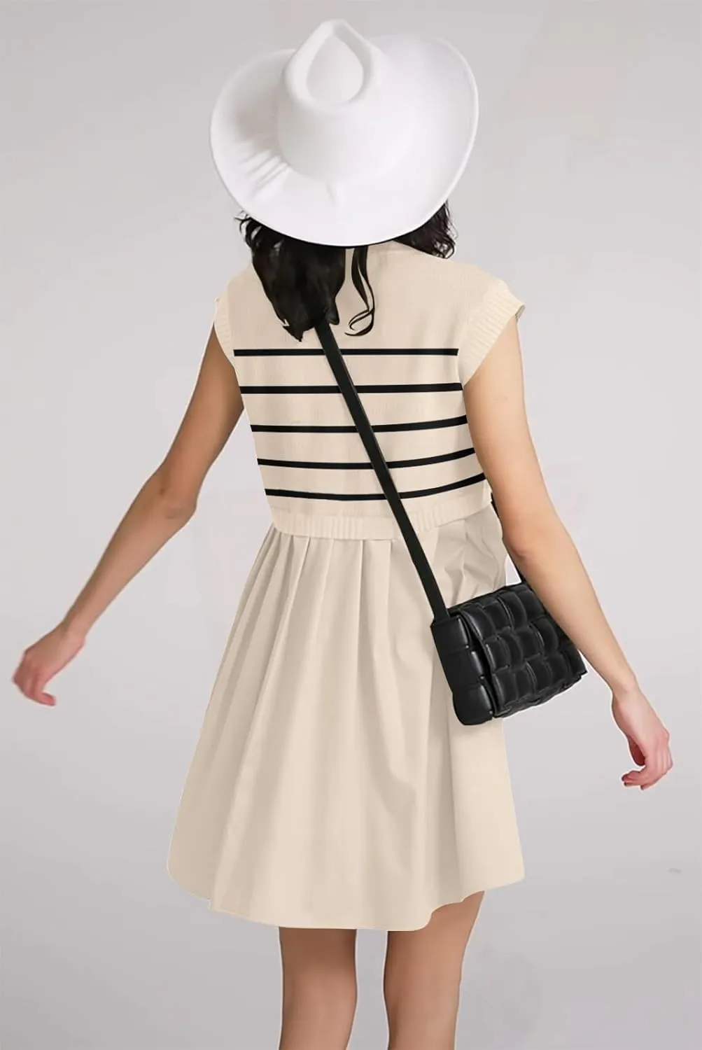 Womens Dresses Striped Knit Top Pleated Loose Swing Mini Short Sleeve Dress 2024 Trendy