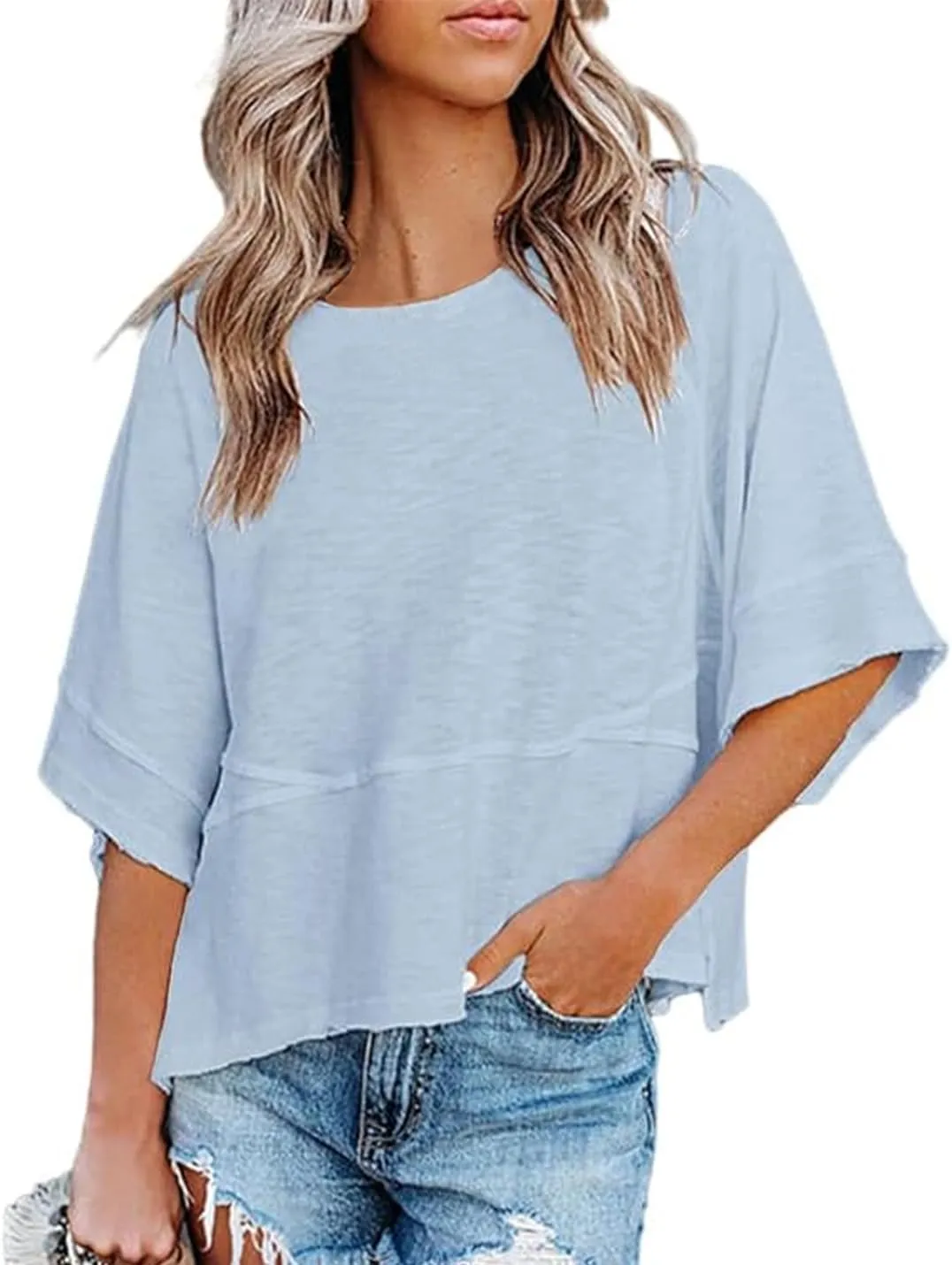 Womens Fashion T-Shirt Crewneck 3/4 Sleeves Solid Color Loose Basic Tops Summer Casual Tees Blouses