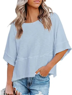 Womens Fashion T-Shirt Crewneck 3/4 Sleeves Solid Color Loose Basic Tops Summer Casual Tees Blouses