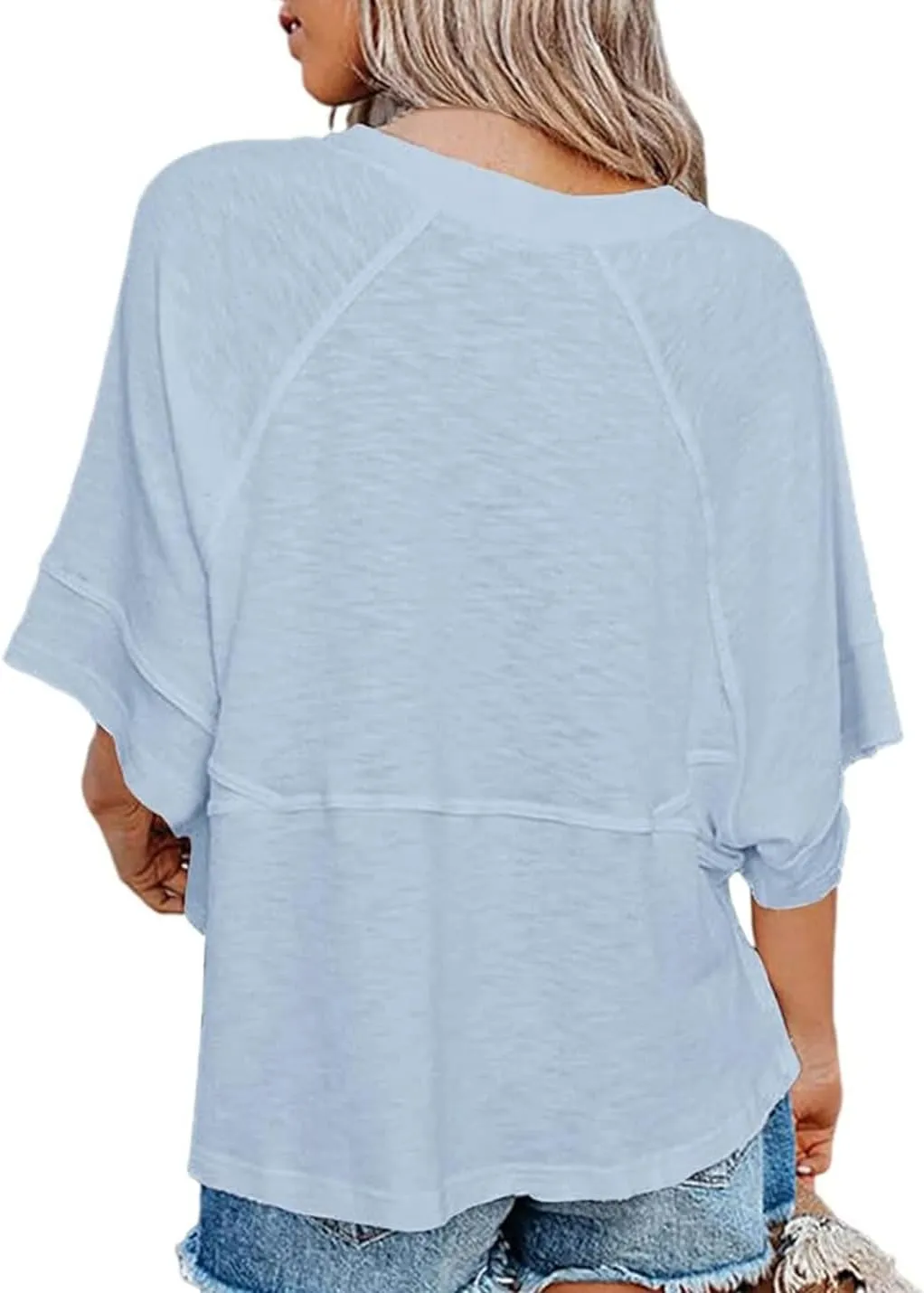 Womens Fashion T-Shirt Crewneck 3/4 Sleeves Solid Color Loose Basic Tops Summer Casual Tees Blouses