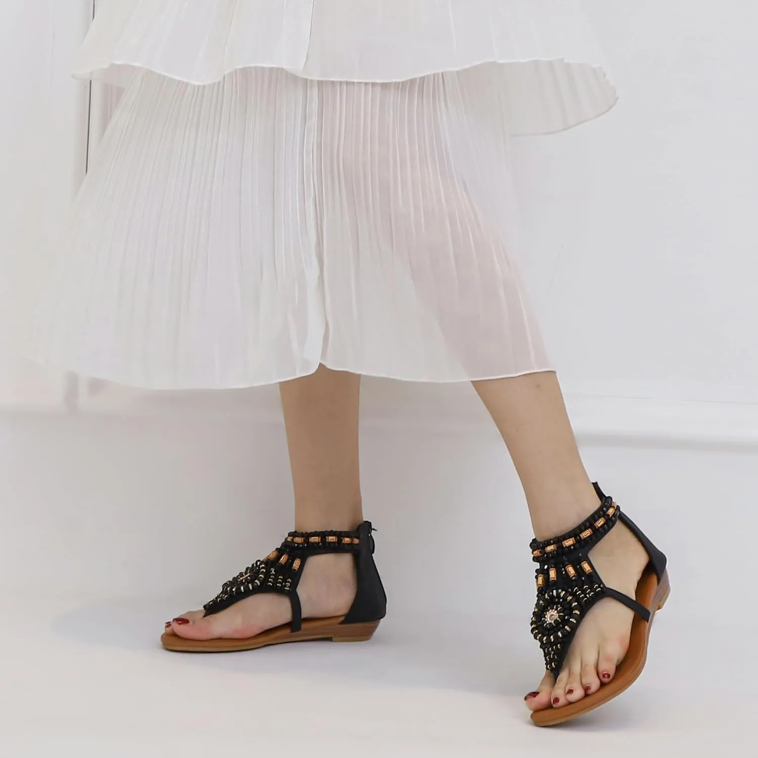 Women's Flat Sandals Womens Sandals Bohemian Dressy Casual Summer Flats Shoes Open Toe Zipper Beach Sandal