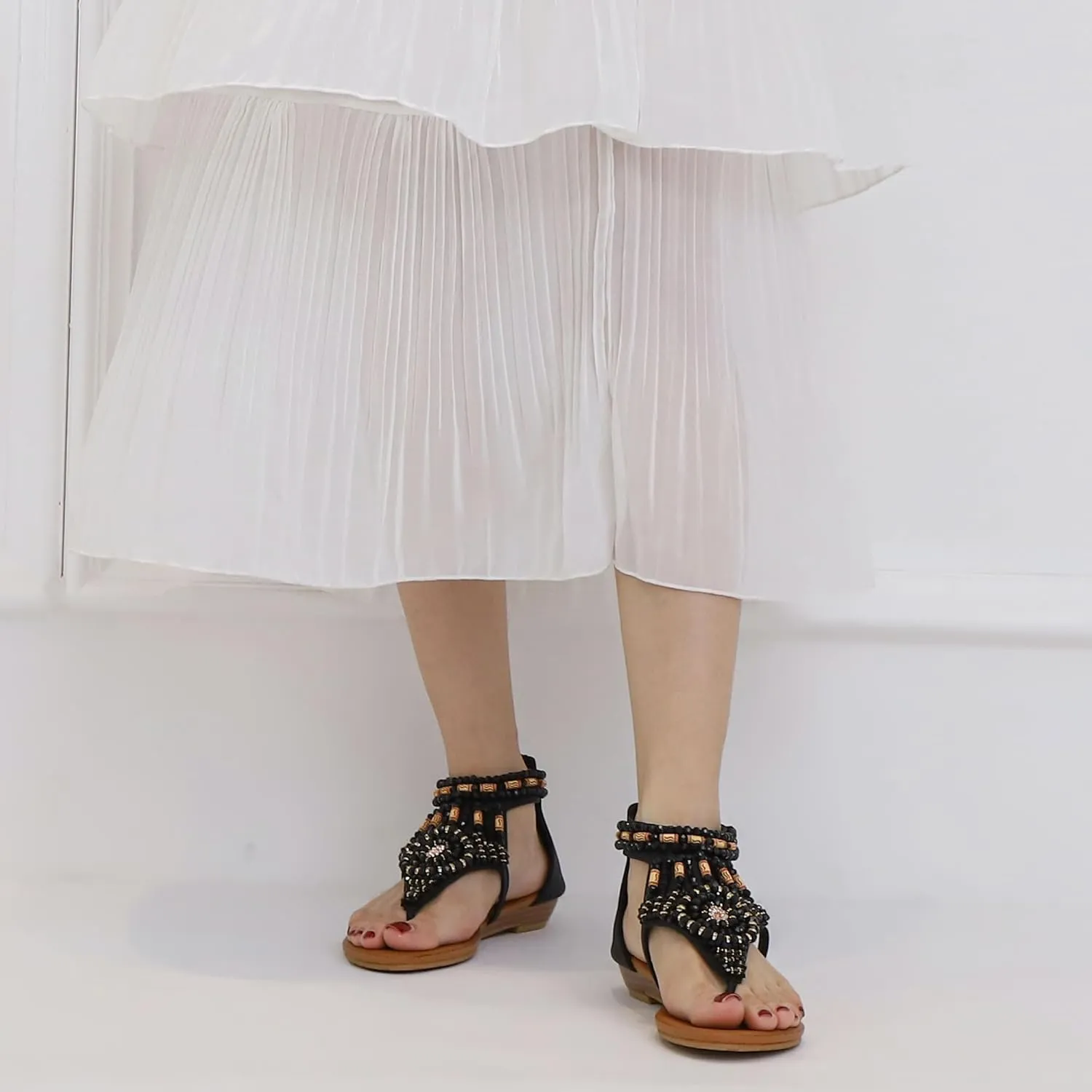 Women's Flat Sandals Womens Sandals Bohemian Dressy Casual Summer Flats Shoes Open Toe Zipper Beach Sandal