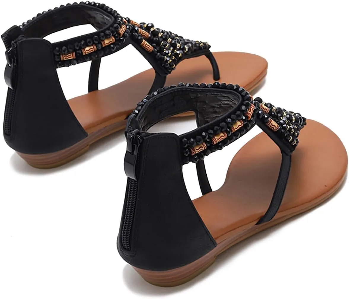 Women's Flat Sandals Womens Sandals Bohemian Dressy Casual Summer Flats Shoes Open Toe Zipper Beach Sandal