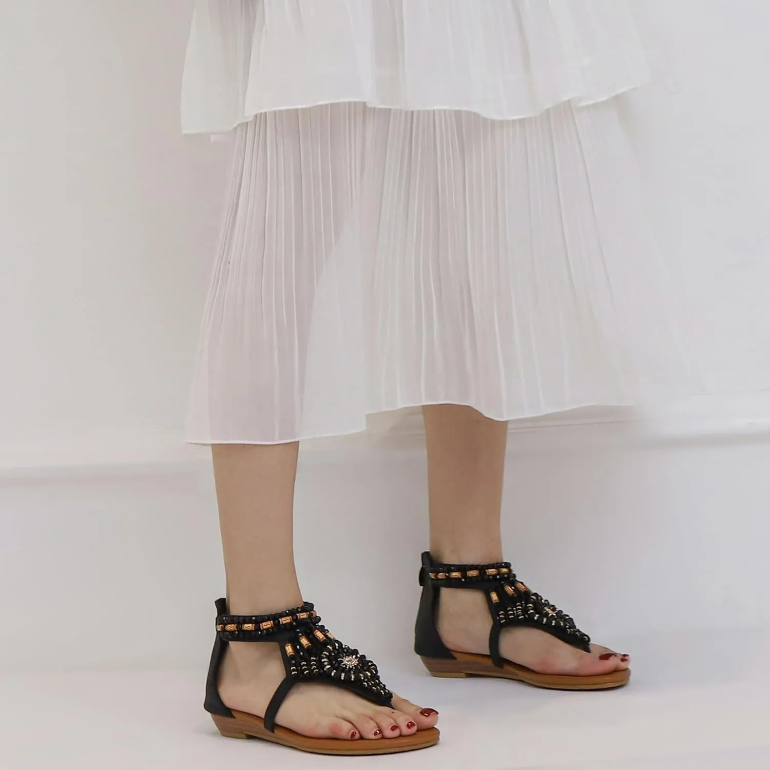 Women's Flat Sandals Womens Sandals Bohemian Dressy Casual Summer Flats Shoes Open Toe Zipper Beach Sandal