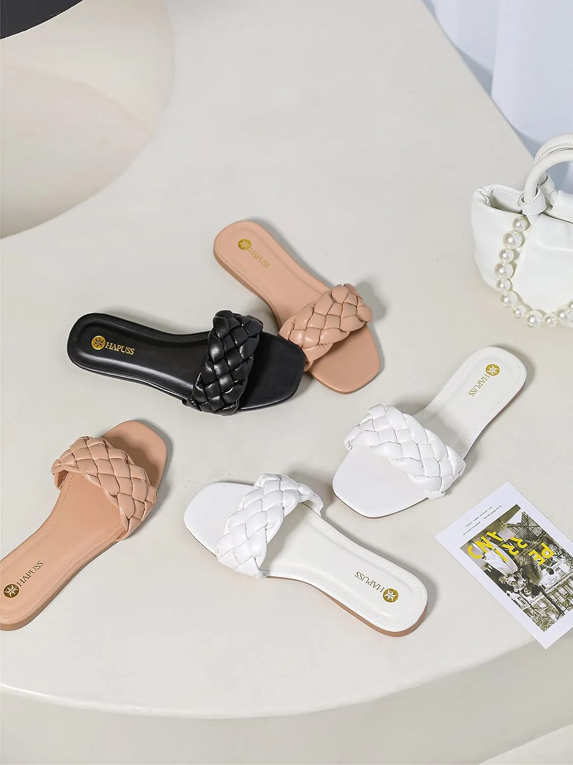 Womens Flat Slide Sandals,nude braided sandals for women,Square Open Toe Slippers Cute Slip On Summer Fashion Shoes Casual.