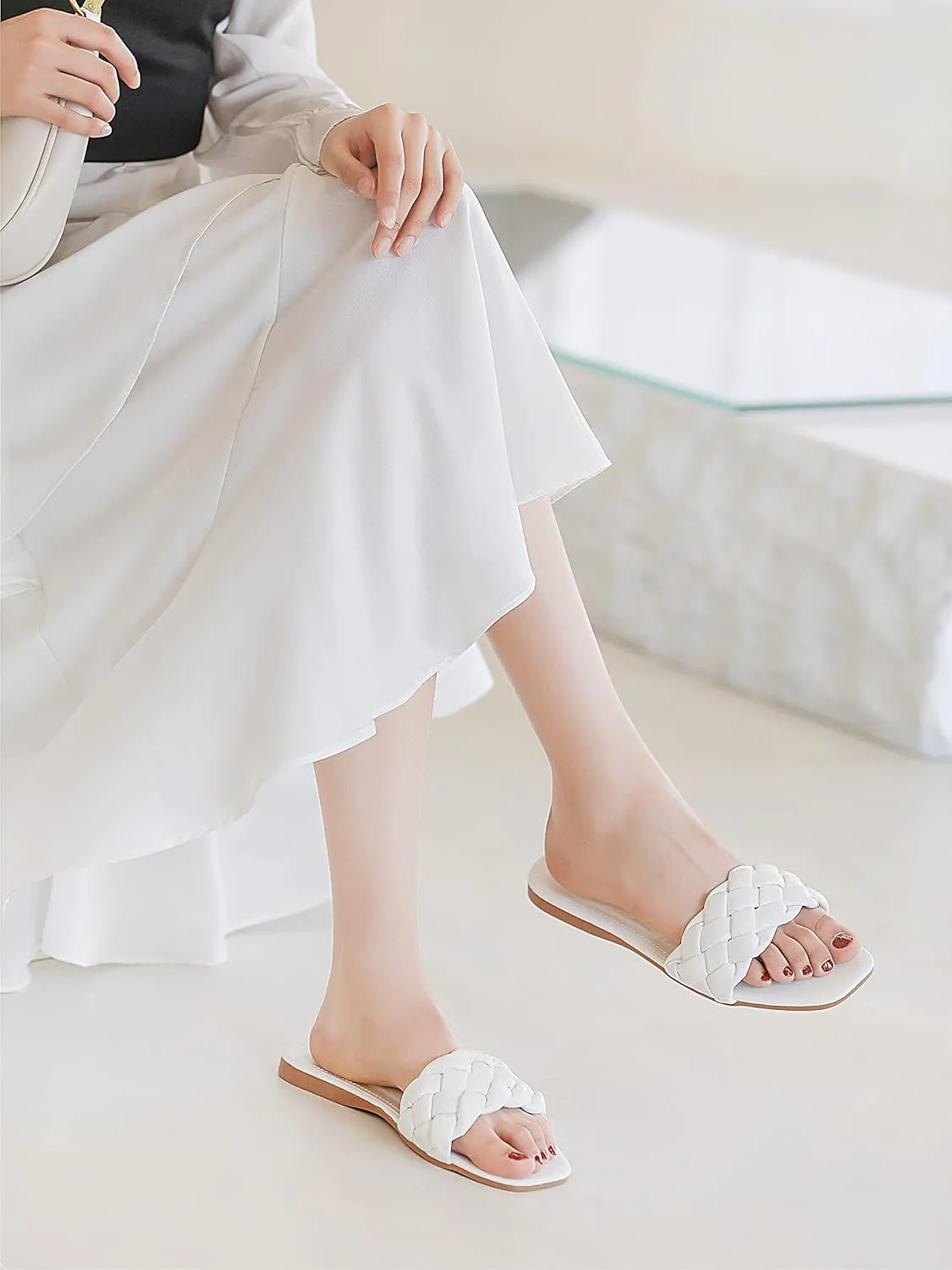Womens Flat Slide Sandals,nude braided sandals for women,Square Open Toe Slippers Cute Slip On Summer Fashion Shoes Casual.