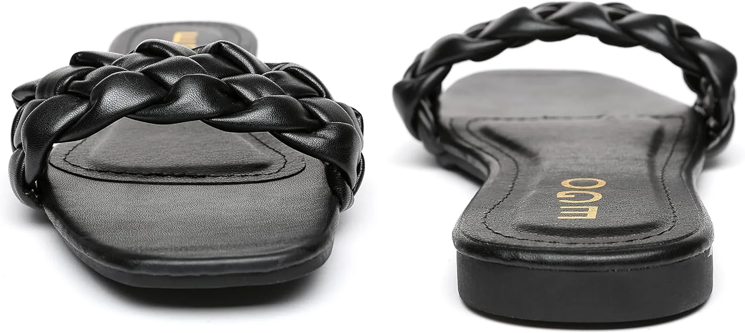 Womens Flat Slide Sandals,nude braided sandals for women,Square Open Toe Slippers Cute Slip On Summer Fashion Shoes Casual.