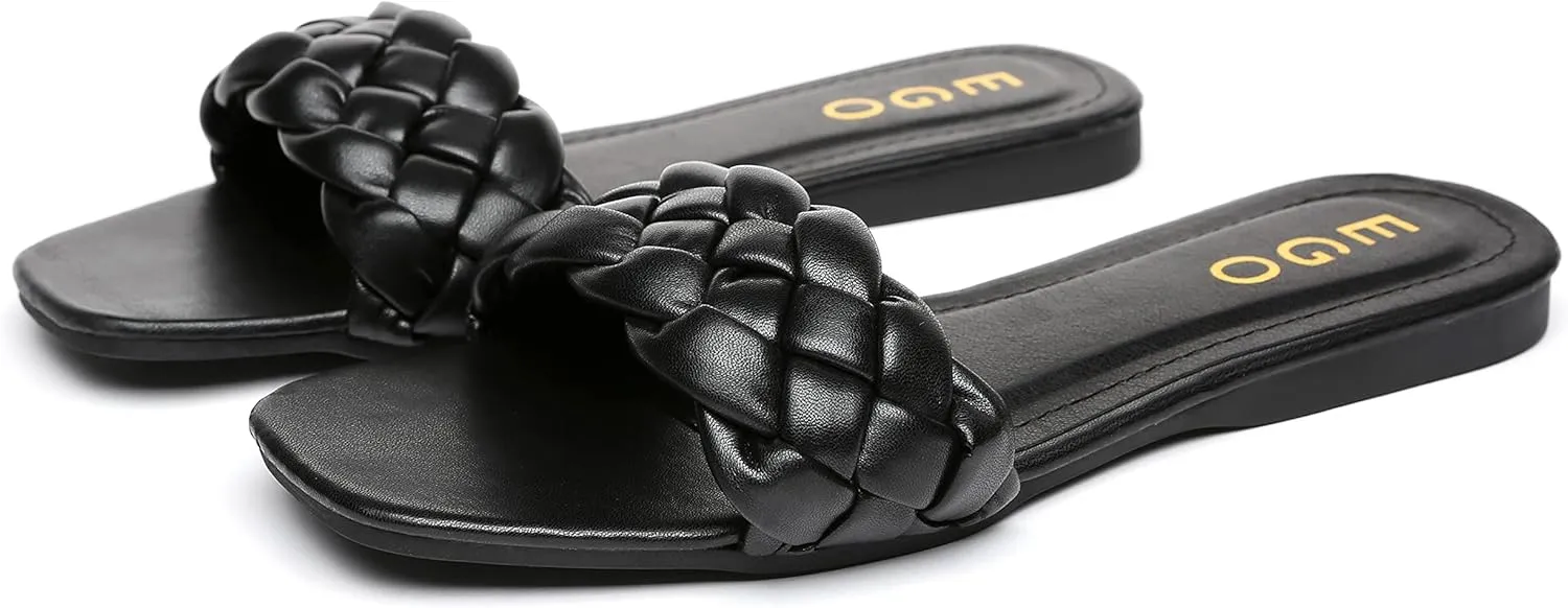 Womens Flat Slide Sandals,nude braided sandals for women,Square Open Toe Slippers Cute Slip On Summer Fashion Shoes Casual.